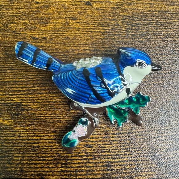 Vintage Bluejay Bird Brooch Figural Pin Enamel and Rhinestone - Picture 2 of 11